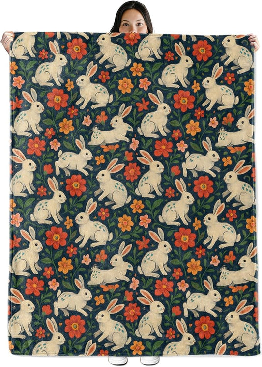 Bunny Gifts, White Rabbit and Floral Theme Flannel Blanket for Women, Spring Animal Birthday Throw Blankets for Kids, Girls, Travel Camping Sofa Living Room Decor 50x60 in