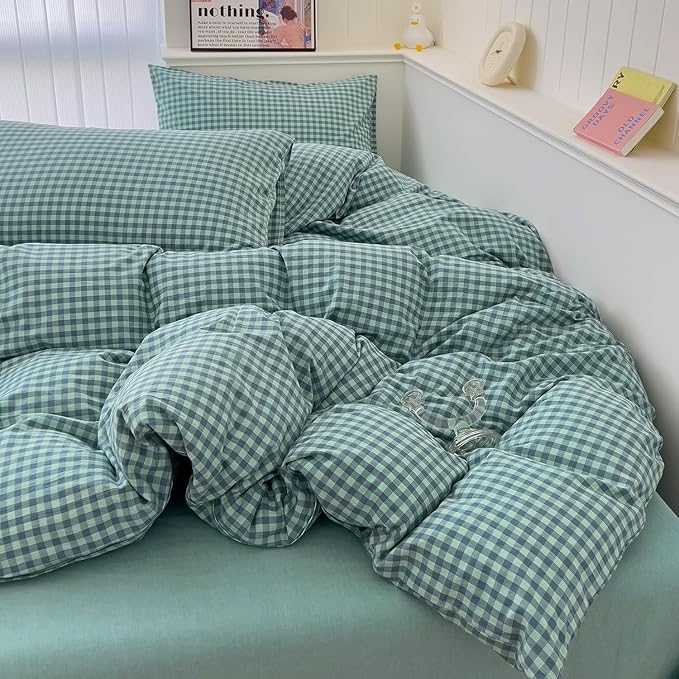 LifeTB Green Gingham Comforter Set Full Size Geometric Plaid Checkered Pattern Comforter Green Grid Plaid Printed Bedding Comforter Set with 2 Pillowcases Fluffy Soft Gingham Bedding Set Breathable