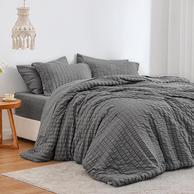 Love's cabin Seersucker Dark Grey Twin Comforter Set, 5-Piece All Season Lightweight Bed in a Bag Bedding Set with Comforter, Flat Sheet, Fitted Sheet, Pillowcase and Sham | Soft, Breathable, Lightweight