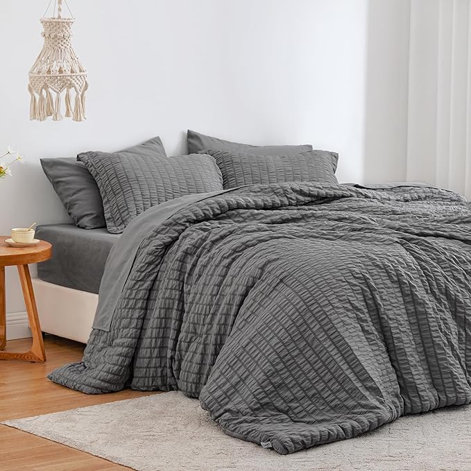Love's cabin Seersucker Dark Grey Queen Comforter Set, 7-Piece All Season Lightweight Bed in a Bag Bedding Set with Comforter, Flat Sheet, Fitted Sheet, Pillowcases and Shams | Soft, Breathable, Lightweight