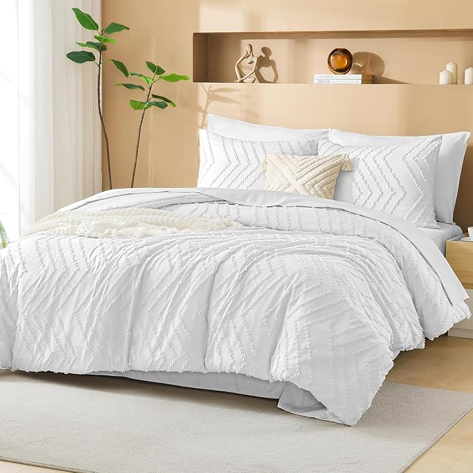 Litanika White Comforter King Size Set with Sheets - 7 Pieces Boho Bed in a Bag Chevron Tufted Complete Bedding Sets Lightweight All Season Bed Set with Comforter, Sheets, Pillowcases & Shams