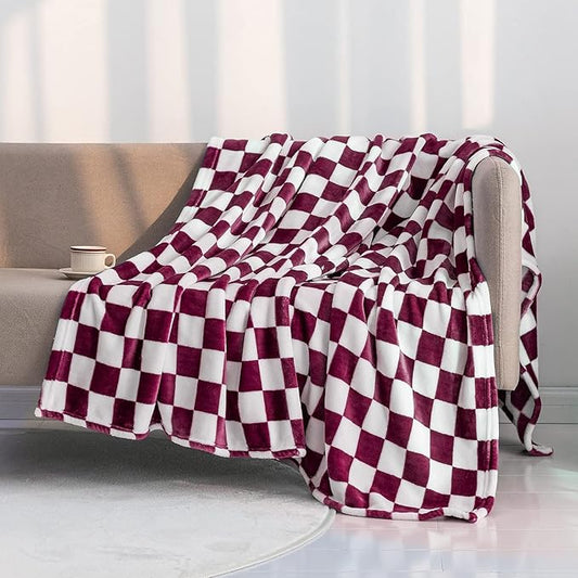 LOMAO Throw Blankets Flannel Blanket with Checkerboard Grid Pattern Soft Throw Blanket for Couch, Bed, Sofa Luxurious Warm and Cozy for All Seasons (Burgundy, 60"x80")