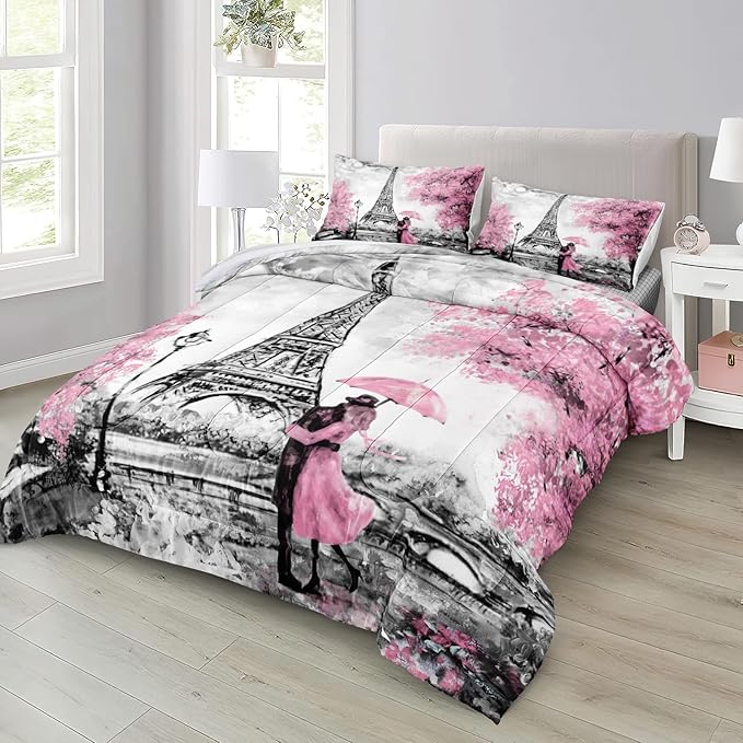 Bedbay Eiffel Tower Comforter Set Queen Size Paris Bedding - Romantic Couple Lovers Printed Girls Women Pink and Grey Soft Lightweight French Style Duvet Set
