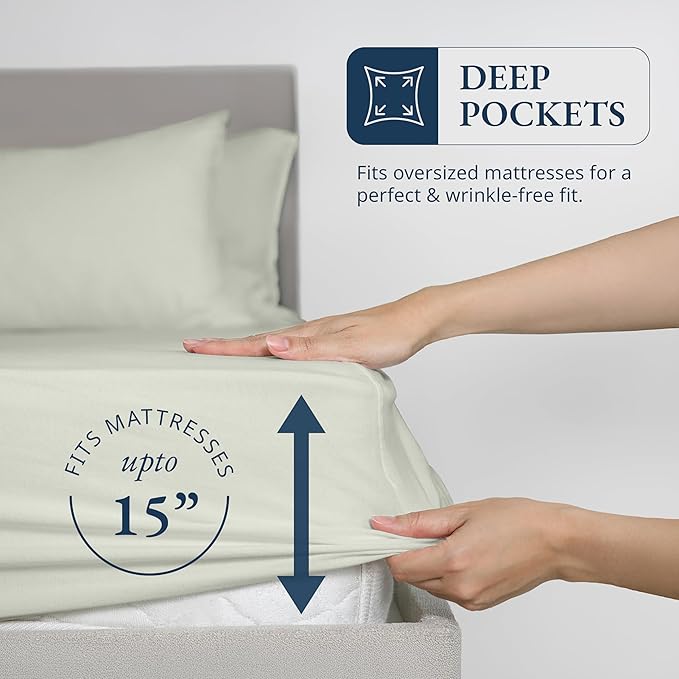 LANE LINEN Twin XL Fitted Sheet, 100% Organic Cotton 2-Piece Set (1 Fitted Sheet, 1 Pillowcase), Percale Weave, Bottom Sheet, Soft, Breathable, Fits Mattress Upto 15" Deep - Mineral (No Flat Sheet)