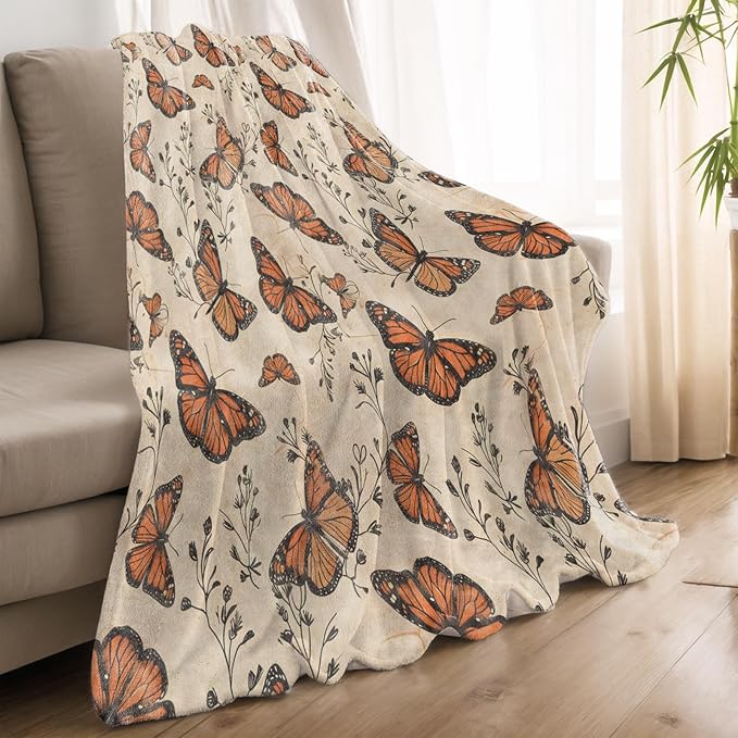 Butterfly Blanket Lightweight Blankets Gifts for Women Flannel Throw with Vintage Monarch Butterflies and Botanical Printed for Sofa, Bed, Picnic, Office, Retro Decor Throws 50x40 Inch