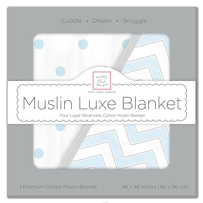 SwaddleDesigns 4-Layer Cotton Muslin Luxe Blanket, Baby and Toddler Cuddle and Dream, 46x46 inches, Pastel Blue Chevron and Dots