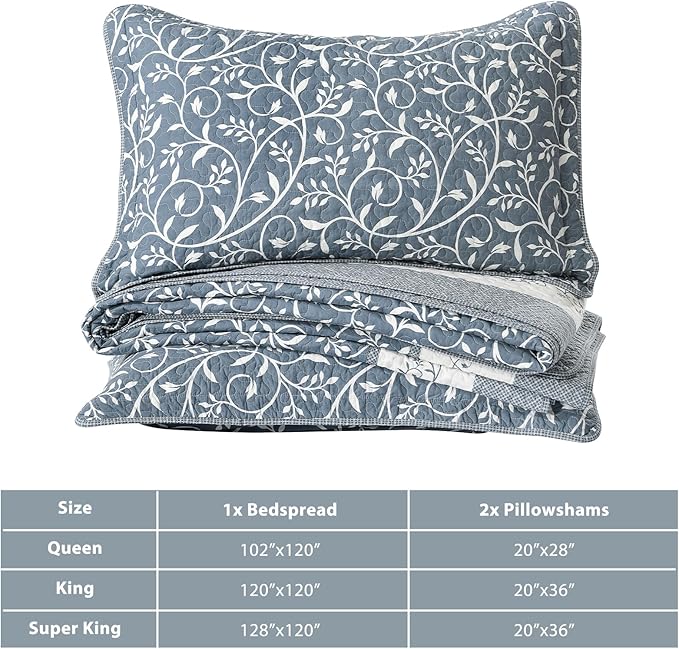Oversized King Bedspread 128"x120", 100% Cotton Extra Large Oversized King Quilt with 2 Pillowshams, Lightweight Floral Quilted Bedspreads Coverlet Set, Grayish-Blue/Off-White, 3 Pcs