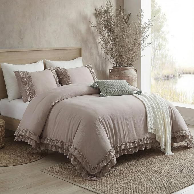 Bedorm Taupe Duvet Cover Set Queen Ruffle Bedding Set Pleat Ruffled Shabby Chic Comforter Cover Extra Soft & Easy Care Boho Duvet Cover with Zipper Closure