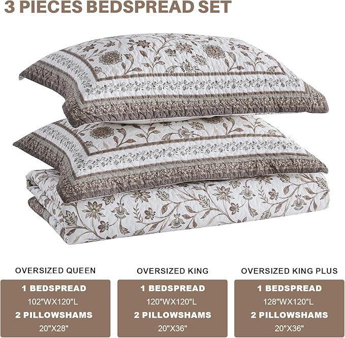 Oversized King Bedspreads 120"x120" - 100% Cotton California King Quilt, Farmhouse Brown Floral Pattern, Extra Large Quilted Coverlet, Lightweight Reversible XL Bedding Set, 3 Pcs