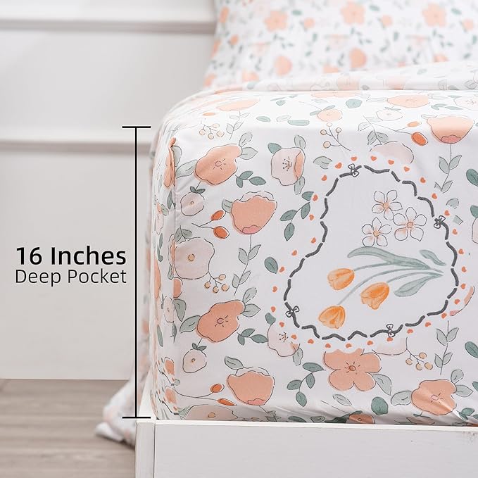 Floral Printed Twin Size Sheet Set - Silky Soft Microfiber, Wrinkle Free, and Luxurious Bed Sheets - Includes Flat Sheet, Fitted Sheet and Pillowcases - Orange, Full Size