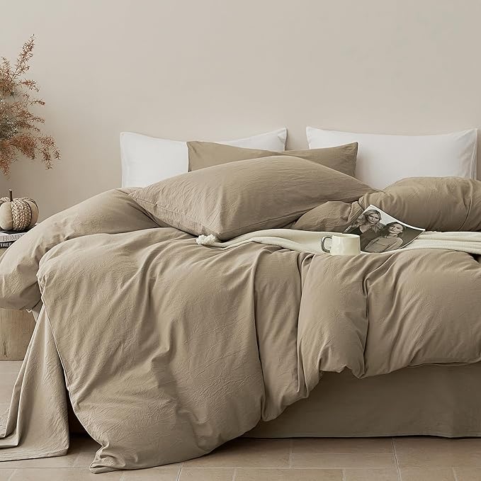 JELLYMONI Duvet Cover Queen Size - Washed Cotton Comforter Cover with Linen-Like Texture,Breathable & Soft Bedding for Modern Home,Guest Room and Everyday Use,Dusty Khaki 1 Duvet Cover & 2 Pillowcases