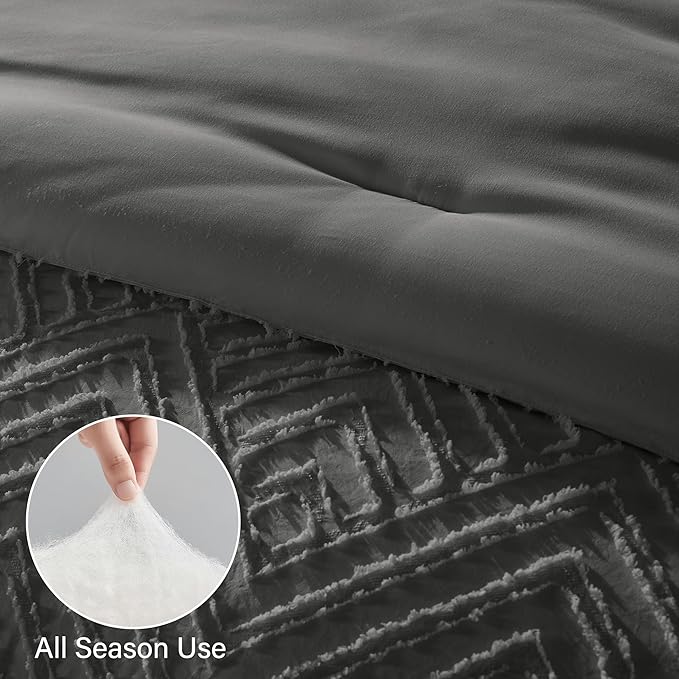 Zzlpp Queen Comforter Set 7 Pieces, Dark Grey Tufted Bed in a Bag with Comforter and Sheets,All Season Boho Bedding Sets with Comforter, 2 Pillow Shams, 2 Pillowcases, 1 Flat Sheet, 1 Fitted Sheet