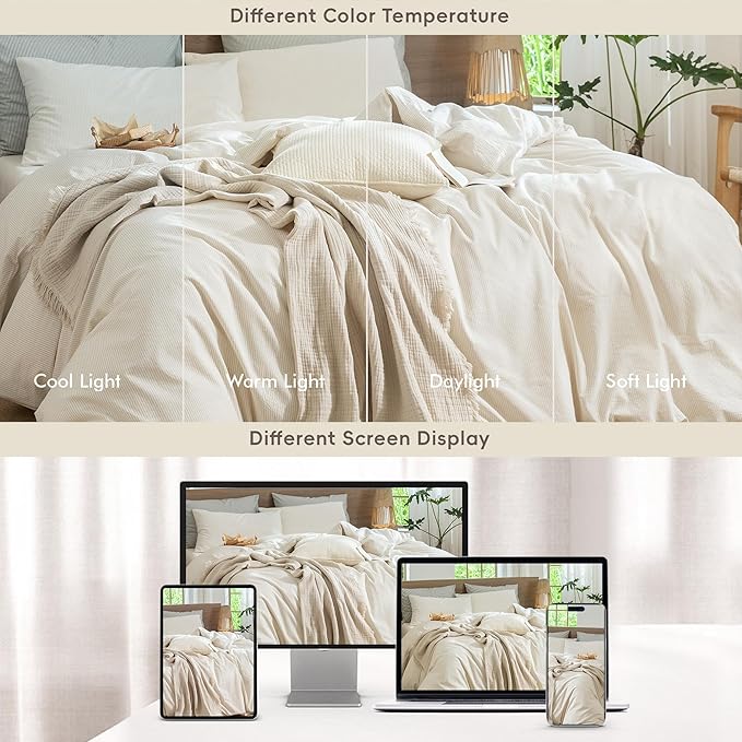 MooMee Striped Duvet Cover Set 100% Washed Cotton Linen Like Textured Breathable Durable Soft Comfy (Almond Milk Grey Pinstripes, Super King Plus 120"x120")