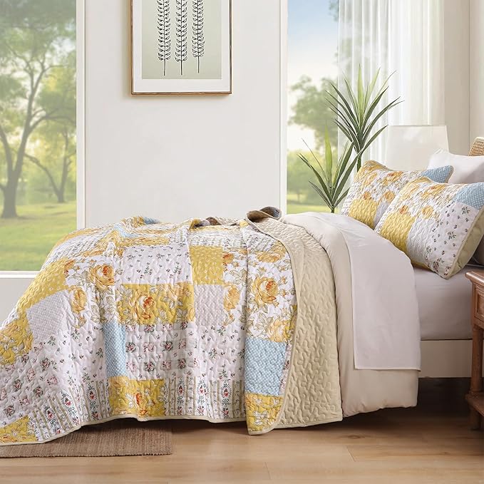 Anibedding Yellow Patchwork Quilt Set Queen Size Boho Floral Plaid Bedspread Coverlet Set, Soft Microfiber Bedding Set Summer Bed Cover, Yellow & Blue Patchwork Farmhouse Bedspread for All Season