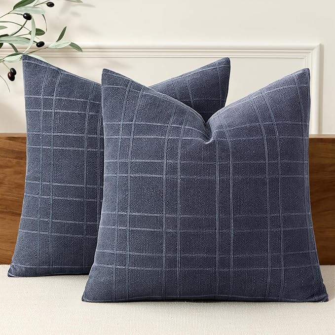 MIULEE Decorative Linen Check Throw Pillow Covers Neutral Farmhouse Vintage Pillow Covers 16x16 Set of 2 Boho Modern Home Decor for Sofa Couch Bedroom Cushion Navy Blue