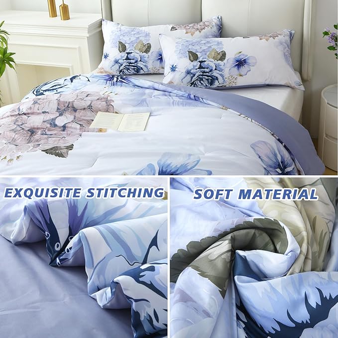 Floral Comforter Set Queen Size, 3 Pieces Elegant Blue Floral Bed in a Bag, Soft Microfiber Botanical Flower Bedding Set with 2 Pillowcases for All Season 90"×90"