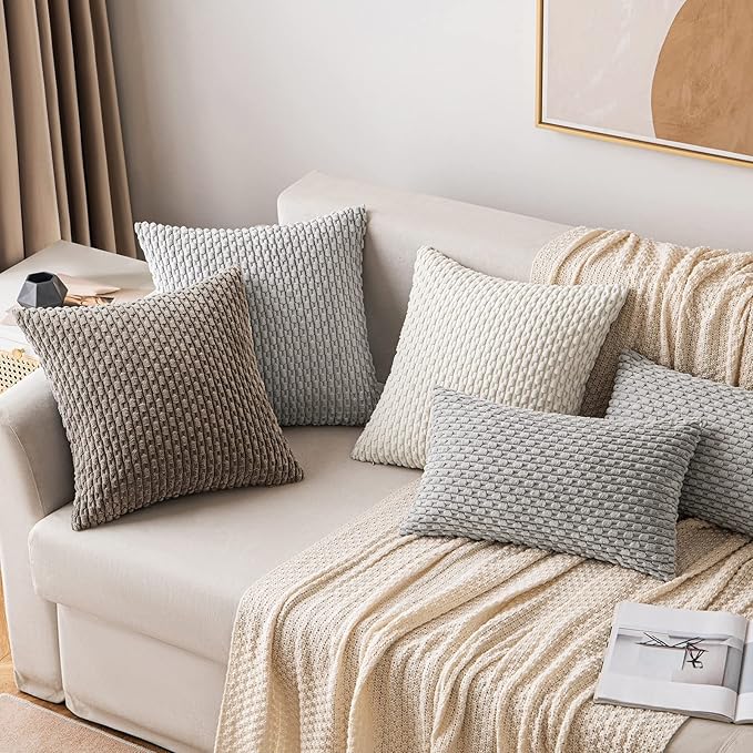 MIULEE Pack of 2 Decorative Throw Pillow Covers 16x16 Inch Soft Boho Striped Textured Corduroy Pillow Covers Modern Farmhouse Home Decor for Couch Bed Sofa Living Room Neutral Brown