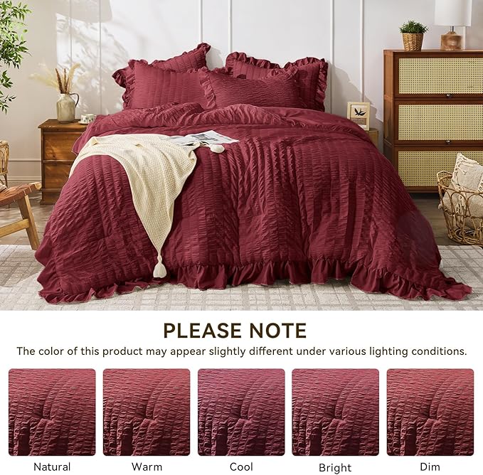 JOLLYVOGUE Queen Comforter Set, 3 Pieces Burgundy Seersucker Comforters Queen Size, Lightweight & Fluffy Bedding Sets for All Season with 1 Ruffle Comforter and 2 Ruffle Pillowshams