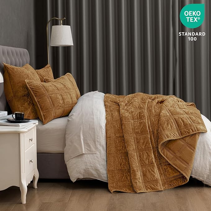 PHF Ultra Soft Velvet Quilt Set Queen Size – 3PCS Luxurious Cozy Quilted Comforter Alternative with Diamond Pattern, Warm Quilted Bedspread Coverlet, 90" x 92", Rusty Burnt Orange