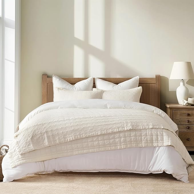 EVERGRACEHOME Stonewashed Cotton Quilt Set Full Queen Size, Ultra Soft Oversized Bedspread Coverlet Set, Lightweight Crinkle Box Stitch Bedding Sets for All Season, with 2 Shams, Ivory White
