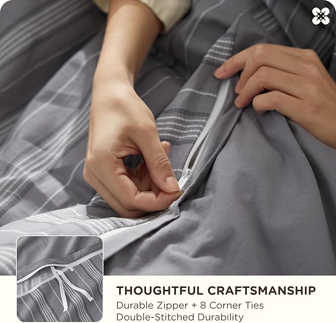 Bedsure Striped Duvet Cover Queen Size,100% Washed Cotton Duvet Cover Linen Like Textured, Classic Striped Pattern Enhances Bedroom Comfort and Style, Stripes Grey, 90"x90"