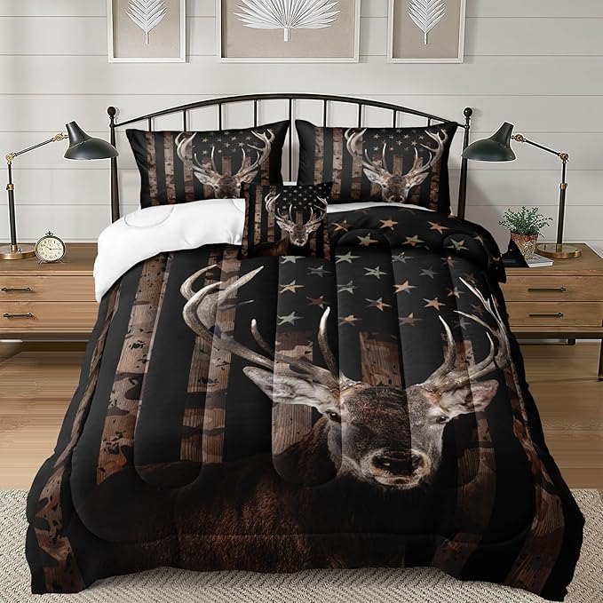 Bedbay American Flag Bed Comforter Set Hunting Deer Bedding Boys Girls Bedroom Decor Camo Bedding Down Alternative Comforter Camouflage Quilt Set 4 Pcs Lightweight Quilt for All Seasons(Deer,Queen)