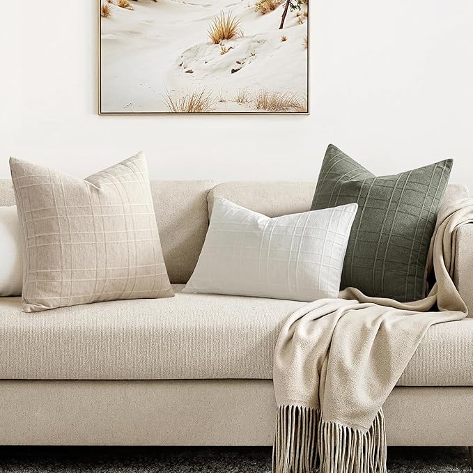 MIULEE Decorative Linen Check Euro Shams Throw Pillow Covers Neutral Farmhouse Vintage Pillow Covers 28x28 Set of 2 Boho Modern Home Decor for Sofa Couch Bedroom Cushion Natural Beige