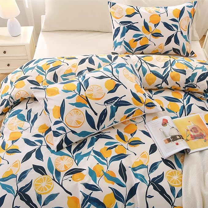 MUXHOMO Lemon Blossom Bed in a Bag King 7 Pieces, King Comforter Set Reversible Botanical Flowers Design, Ultra Soft & Breathable Bedding Sets with Comforter, Sheets, Pillowcases & Shams