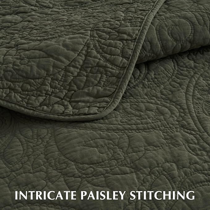 EVERGRACE 100% Cotton Paisley Quilt Set, Queen Size 3 Piece Set – Prewashed Lightweight Bedspread with 2 Shams, Soft & Breathable Coverlet for All-Season Comfort, Olive Green