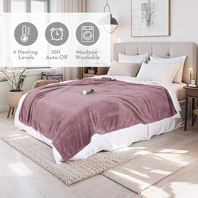 Electric Heated Blanket 84"x90" Queen Size Microplush Cover Blanket, 4 Heat Settings & 10 Hours Auto Off, Cozy & Warm for All Night, Machine Washable,Berry