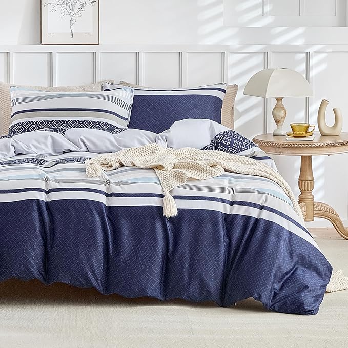 Lekesky Duvet Cover King, 3 Pieces Blue Striped Duvet Cover Set Soft Bohemian Bedding Aztec Comforter Cover Set King Size with Hidden Zipper & Corner Ties