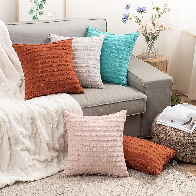 MIULEE Set of 2 Fall Decorative Boho Throw Pillow Covers Linen Striped Jacquard Pattern Cushion Covers for Sofa Couch Living Room Bedroom 18x18 Inch Rust