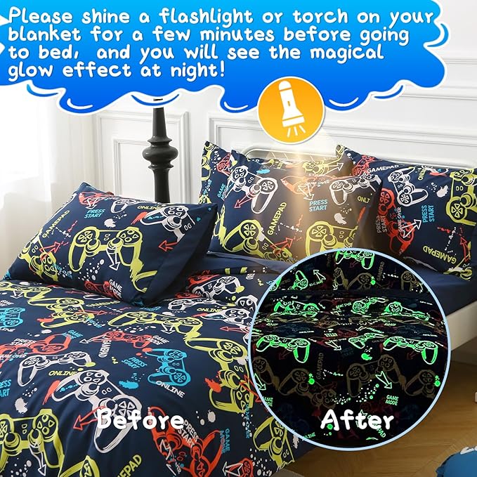 Glow in The Dark Kids Comforter Set, 5 Pieces Gamepad Bedding Set Twin Size for Boys Girls Teen, 1 Comforter, 1 Pillowcase, 2 Pillow Shams