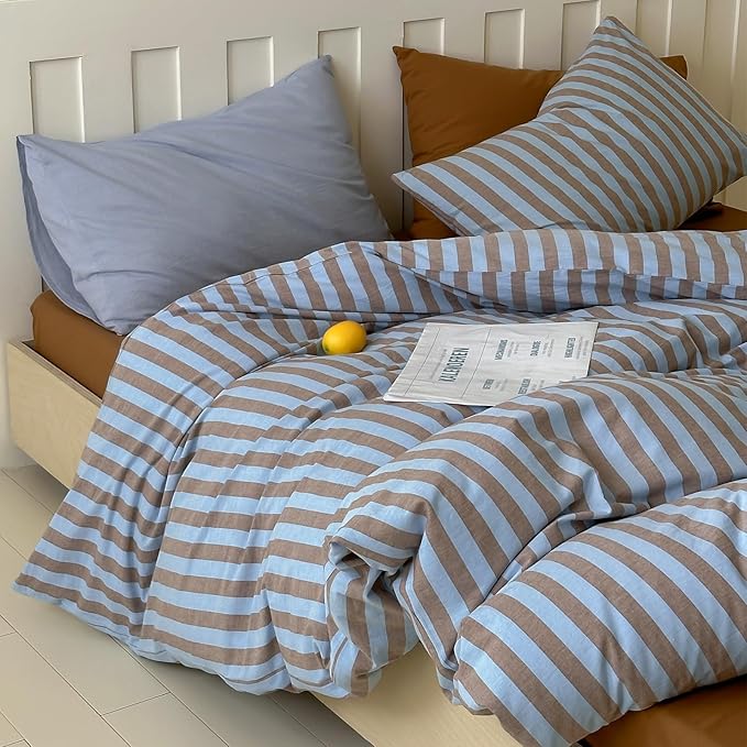 LifeTB Vintage Striped Comforter Set Twin XL, Blue Brown Stripes Print Reversible Bedding Set, 3 Pieces Lightweight Bedding Comforter with 2 Pillowcases, Farmhouse Striped Twin XL Comforter Set
