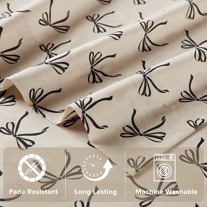 Comfort Spaces 100% Cotton Sheets Queen, Breathable, Naturally Cool Cotton Sheets, Cotton Bed Sheets with 14" Elastic Pocket Fits up to 16" Mattress, All Seasons Sheet Set, Bow Black/Taupe 4 Piece