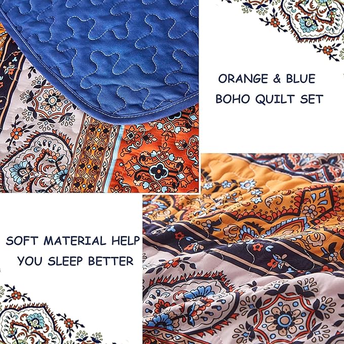WONGS BEDDING Boho Fall Quilt Full Size, 3 Pieces Orange Blue Bohemian Lightweight Microfiber Bed Decor Bedspread for All Season 78"x90" (Blue Orange, Full)