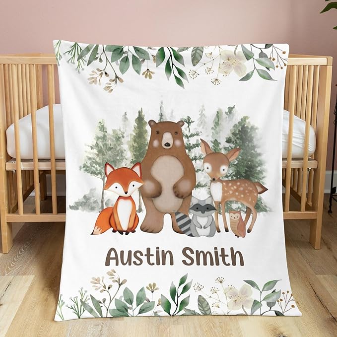 Personalized Baby Blanket, Animals Woodland Baby Blankets for Boys Girls, Super Soft Nursery Blankets with Cotton Front and Dotted Fleece Backing, Printed Bed Throws Newborn