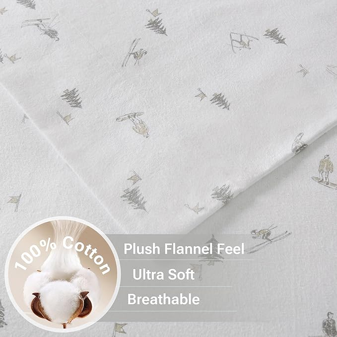 True North by Sleep Philosophy Flannel Sheets Cal King Size, Cozy 100% Cotton Flannel Bed Sheets, Ultra Soft Cute Sheet Set, Elastic Pocket Fits Up to 14" Mattress, Skiiers 4 Piece