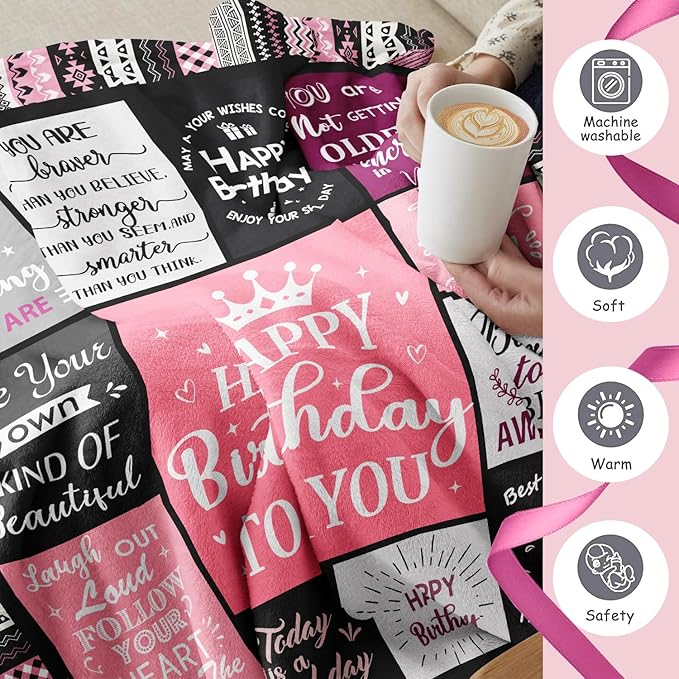 Birthday Gifts for Women Girls Throw Blanket 50"X40", Happy Birthday Decorations, Unique Bday Gift Ideas for Her Daughter Friends Mom Sister Wife Grandma