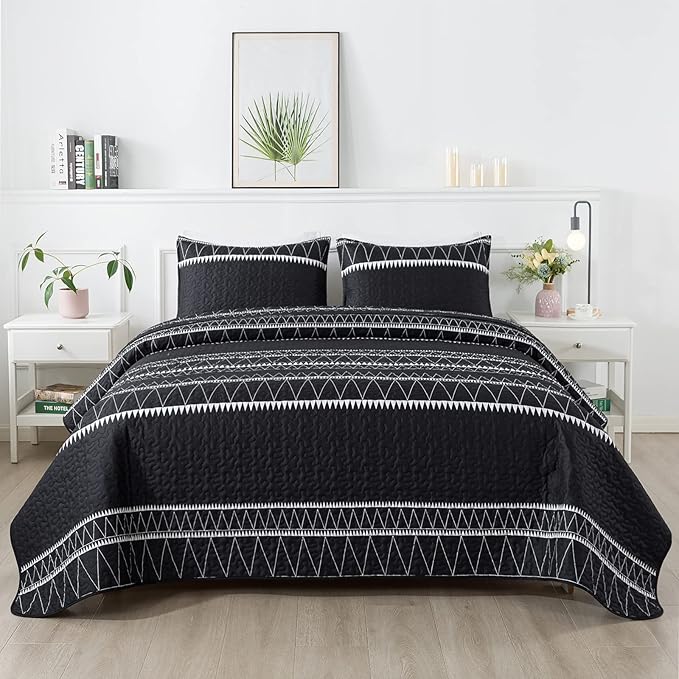 Andency Black Twin Quilt Set, 2 Pieces Boho Lightweight Soft Striped Bedspread for All Season (68"x86"), Printed Bohemian Microfiber Reversible Coverlet Comoforter Sets