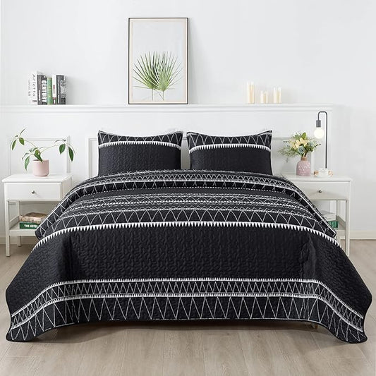 Andency Black Twin Quilt Set, 2 Pieces Boho Lightweight Soft Striped Bedspread for All Season (68"x86"), Printed Bohemian Microfiber Reversible Coverlet Comoforter Sets