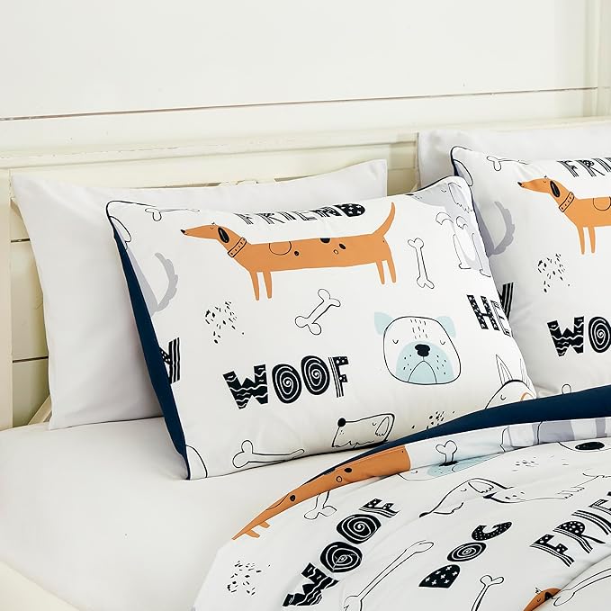 Chezmoi Collection 4-Piece Cartoon Dogs Kids Bedding Set Full/Queen Size - Black White Brown Gray Soft Microfiber Comforter Set w/Dog Throw Pillow for Kids Teens