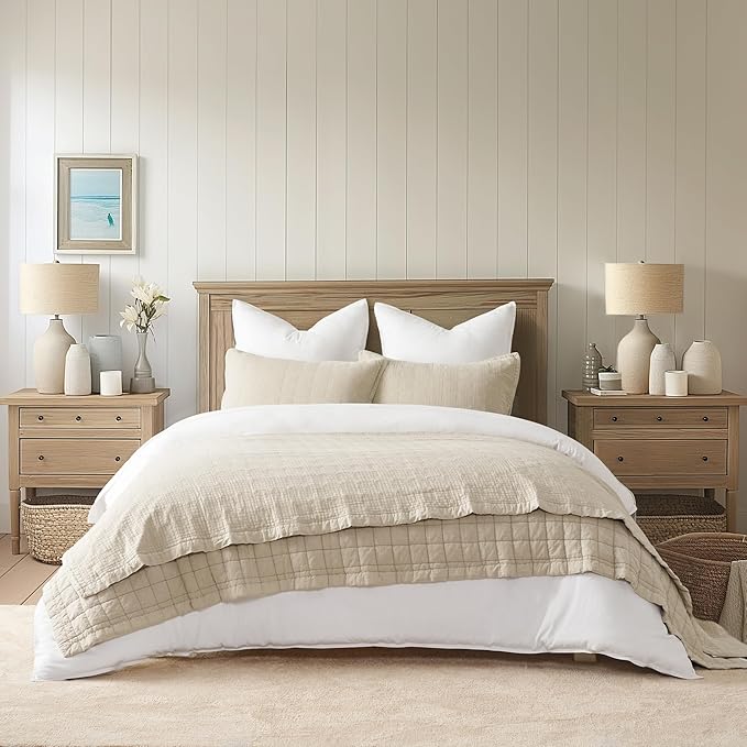 EVERGRACEHOME Stonewashed Cotton Quilt Set Full Queen Size, Ultra Soft Oversized Bedspread Coverlet Set, Lightweight Crinkle Box Stitch Bedding Sets for All Season, with 2 Shams, Flax Beige