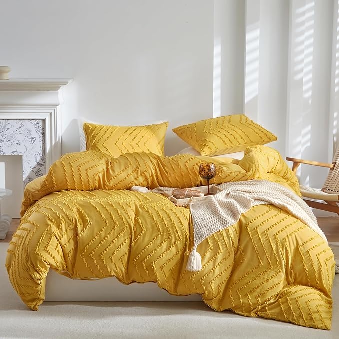 WARMDERN Boho Duvet Cover Set, Tufted Bedding Duvet Covers Soft Washed Microfiber Duvet Cover Queen Size, 3 Pieces Embroidery Shabby Chic Duvet Cover with Zipper Closure(Bright Yellow, Queen)