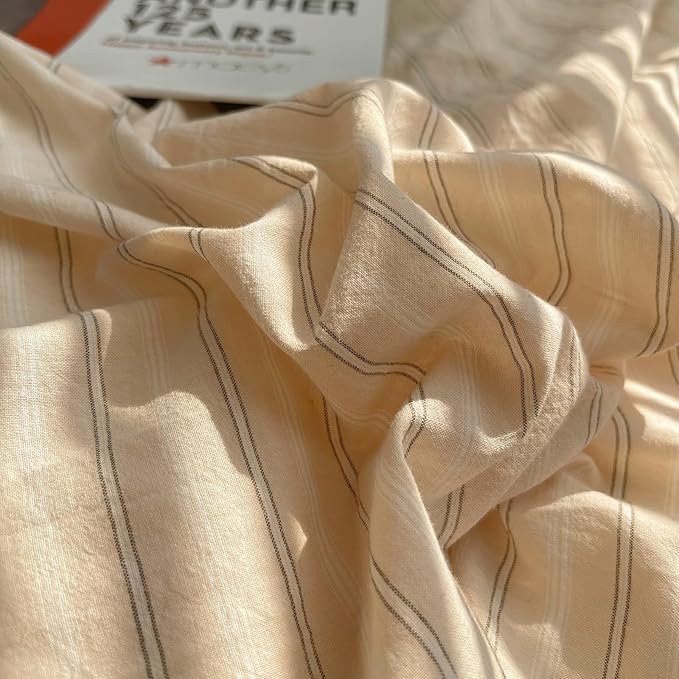 mixinni Retro Striped Duvet Cover Set Twin XL Size - 100% Washed Cotton Beige Duvet Cover with Black White Stripes, Soft Breathable 3 Piece Comforter Cover with Zipper Closure & Corner Ties