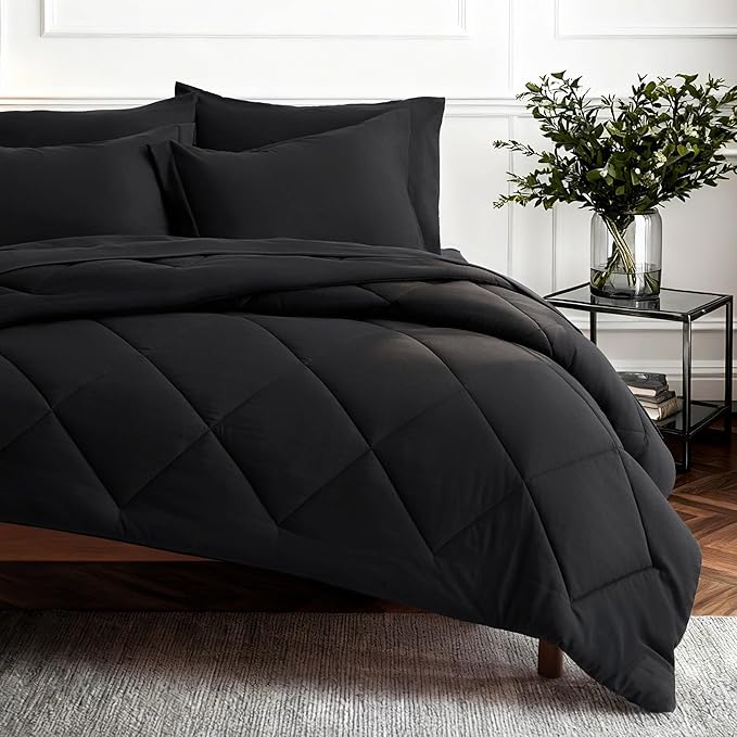 Bedsure 7 Pieces Queen Comforter Set Premium Series, Hotel Luxury Soft Bed in a Bag, Goose Down Alternative, Safe for Sensitive Skin Bedding Comforter All Season Medium Warmth, Black Queen Size
