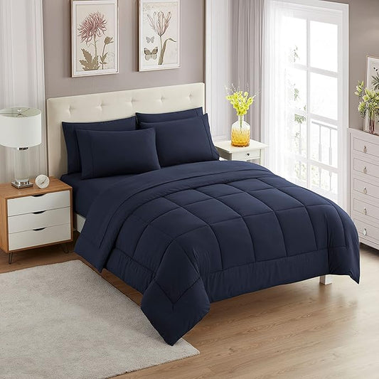 Sweet Home Collection 7 Piece Comforter Set Bag Solid Color All Season Soft Down Alternative Blanket & Luxurious Microfiber Bed Sheets, Navy, Queen