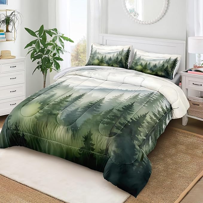 Bedbay Misty Forest Bedding Set King Size Nature Mountain Comforter Set Aesthetic Room Decor Cabin Style Quilt Duvet Set 4 Pieces for All Seasons 1 Comforter 2 Pillowcases 1 Cushion Cover