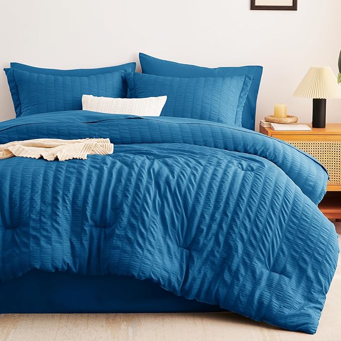 CozyLux King Seersucker Comforter Set with Teal Bed in a Bag 7-Piece All Season Bedding Set with Comforter, Pillow Sham, Flat Sheet, Fitted Sheet, Pillowcase