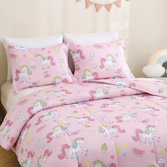 Yibeizi Pink Unicorn Comforter Set for Girls Full Size, Kids Rainbow Sweet Printed Bedding Set with Pillow Sham, Cute Lightweight Soft Breathable Machine Washable Quilted Bed Comforter Set 3 Piece